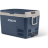 Blauw-witte koelbox met scharnierend deksel, draaghandgreep, opschrift "IGLOO", ventilatieroosters en stroomaansluiting