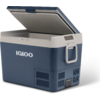 Open draagbare koelbox van blauw en grijs kunststof met opengelaten deksel, zijgreep, ventilatieroosters en "IGLOO"-logo