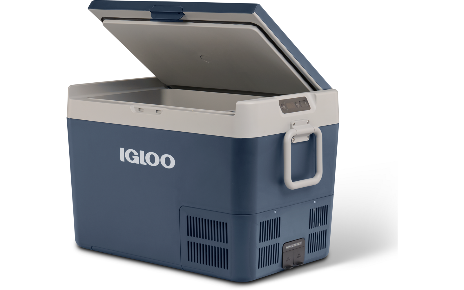Open draagbare koelbox van blauw en grijs kunststof met opengelaten deksel, zijgreep, ventilatieroosters en "IGLOO"-logo