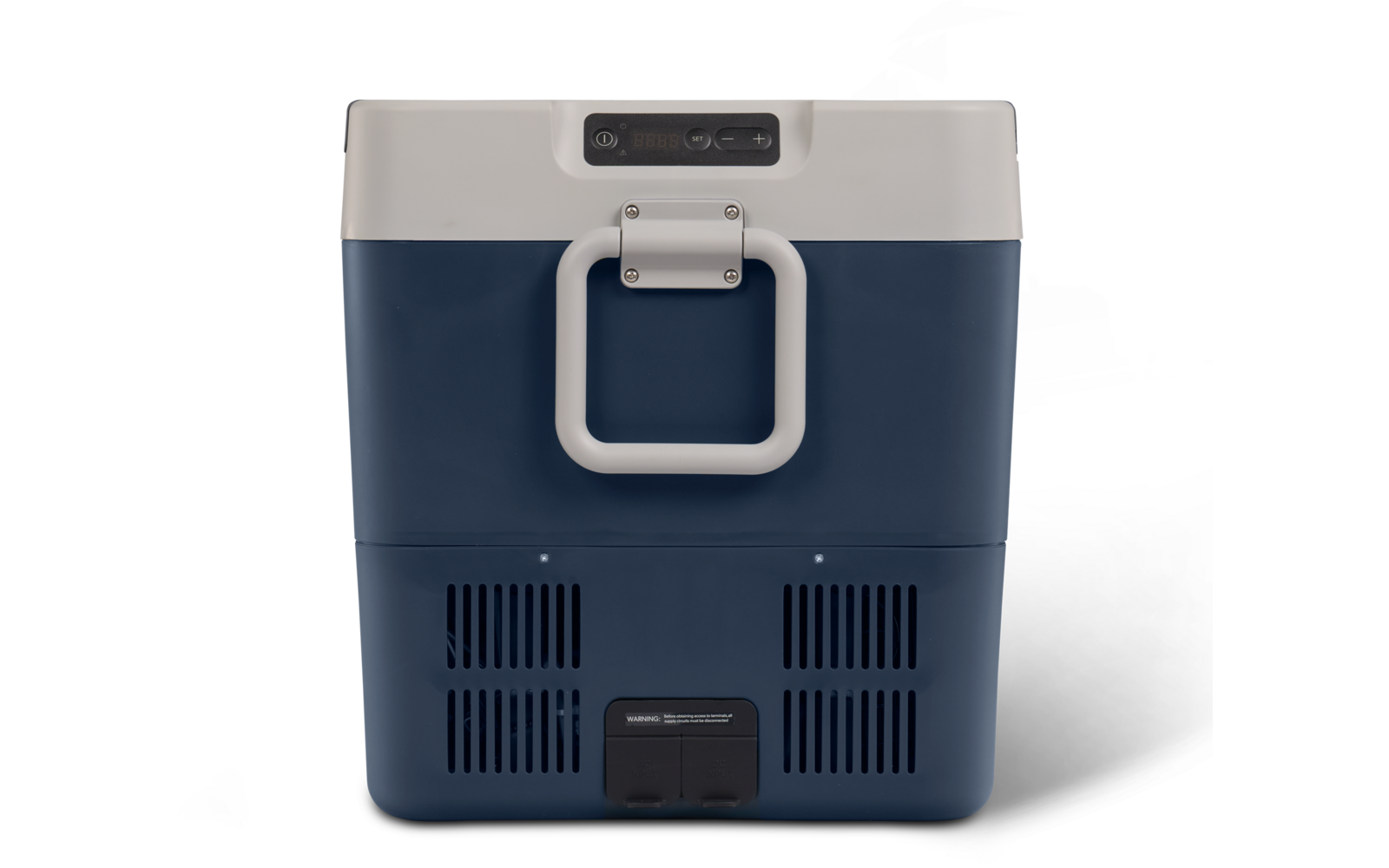 Donkerblauwe draagbare koelbox met witte deksel, wit voorhandvat, ventilatieroosters onderaan en bedieningspaneel aan de bovenrand