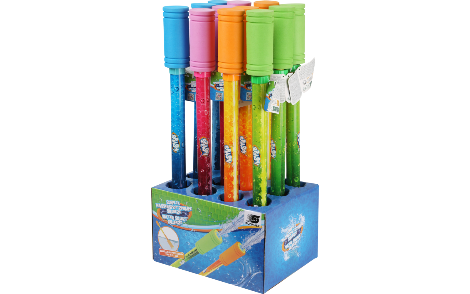 Meerdere kleurrijke waterpistolen in een blauwe verpakking