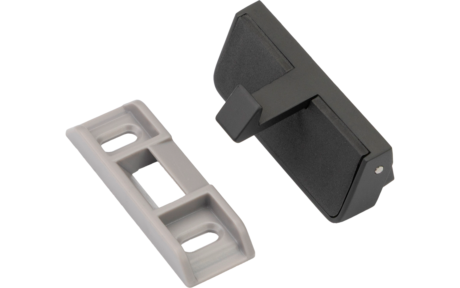 Ein graues und ein schwarzes Kunststoffteil nebeneinander auf weißem Hintergrund