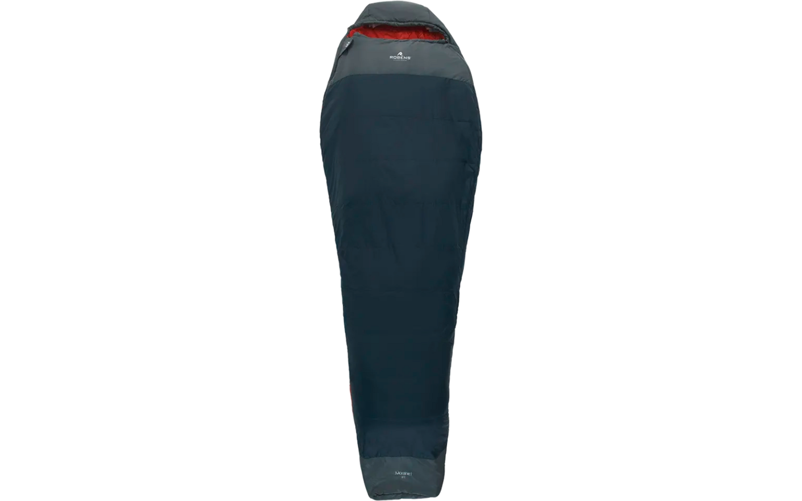 Gesloten donkerblauwe slaapzak met grijze voering en rode trekkoord