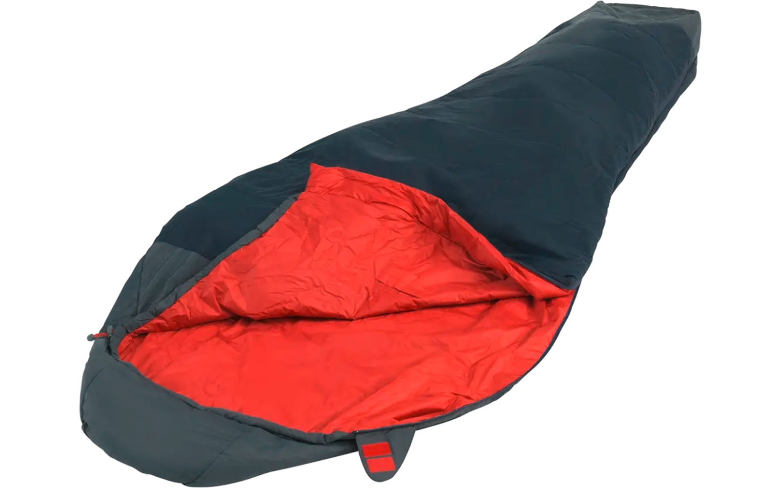Een open slaapzak met rode voering en donkerblauw buitenmateriaal