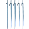 Five metal stakes standing side by side, each with a hooked top and a tapered pointed bottom
