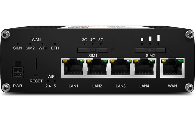 Rückseite eines schwarzen Geräts mit Netzanschluss (PWR), Resetöffnung, zwei SIM-Kartenschächten (SIM1, SIM2), drei Status-LEDs, vier LAN-Ports (LAN1-LAN4) mit LEDs und einem WAN-RJ45-Port; sichtbare Beschriftungen: WiFi, ETH, 3G 4G 5G