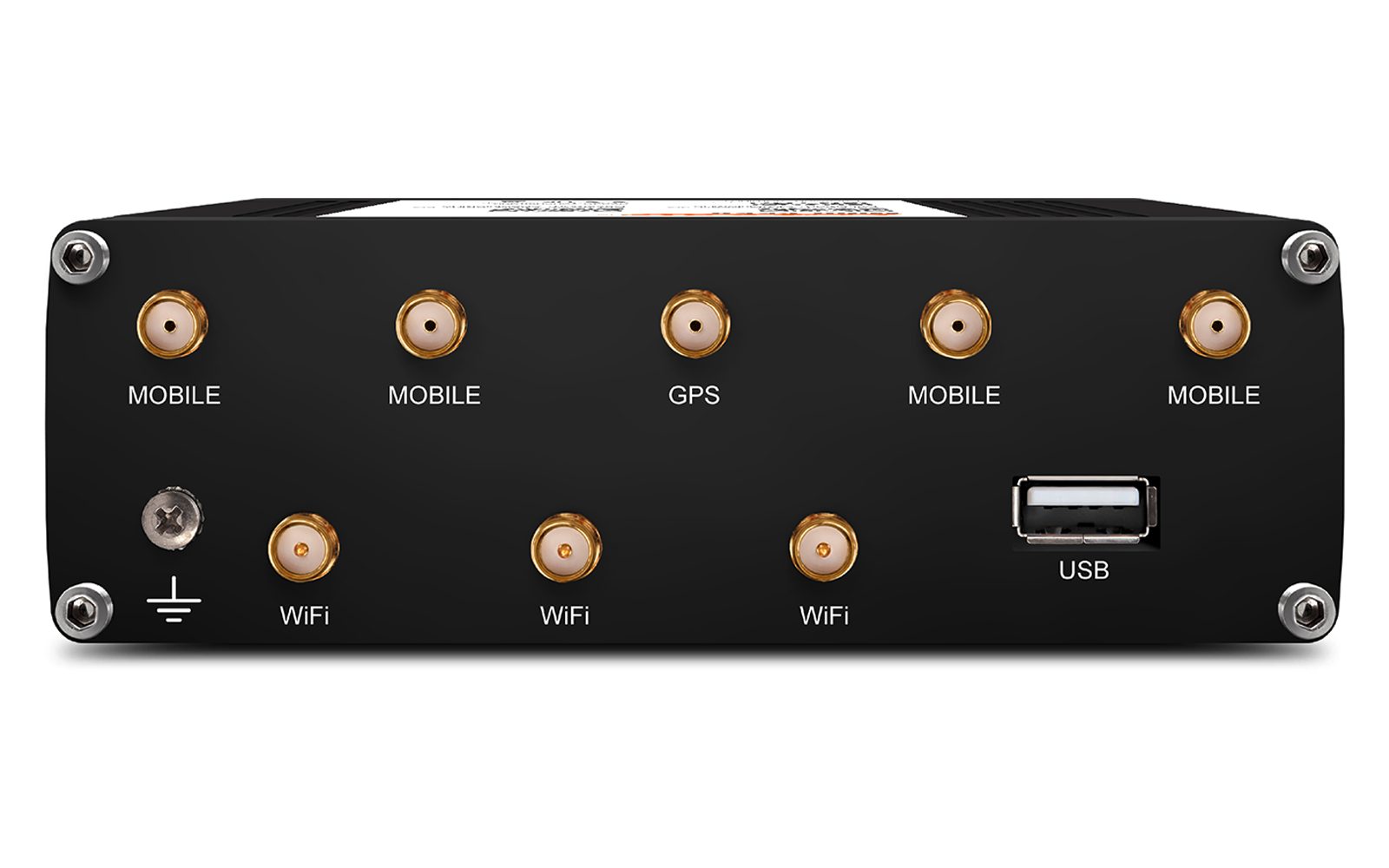 Schwarze Frontplatte mit goldenen Rundsteckern oben beschriftet 'MOBILE', 'MOBILE', 'GPS', 'MOBILE', 'MOBILE'; darunter Erdungssymbol, drei goldene Buchsen beschriftet 'WiFi' und eine rechteckige USB‑A‑Buchse; Eckschrauben
