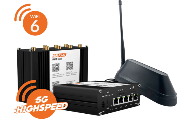 Drei schwarze Gerätgehäuse: ein flaches Gerät mit vier rechteckigen Netzwerkanschlüssen, ein höheres Gerät mit zwei QR‑Codes auf einem weißen Aufkleber und goldfarbenen Buchsen, und ein abgerundetes Antennenmodul mit Stabantenne; zwei orangefarbene E