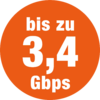 Oranger Kreis mit weißem Text 'bis zu 3,4 Gbps'