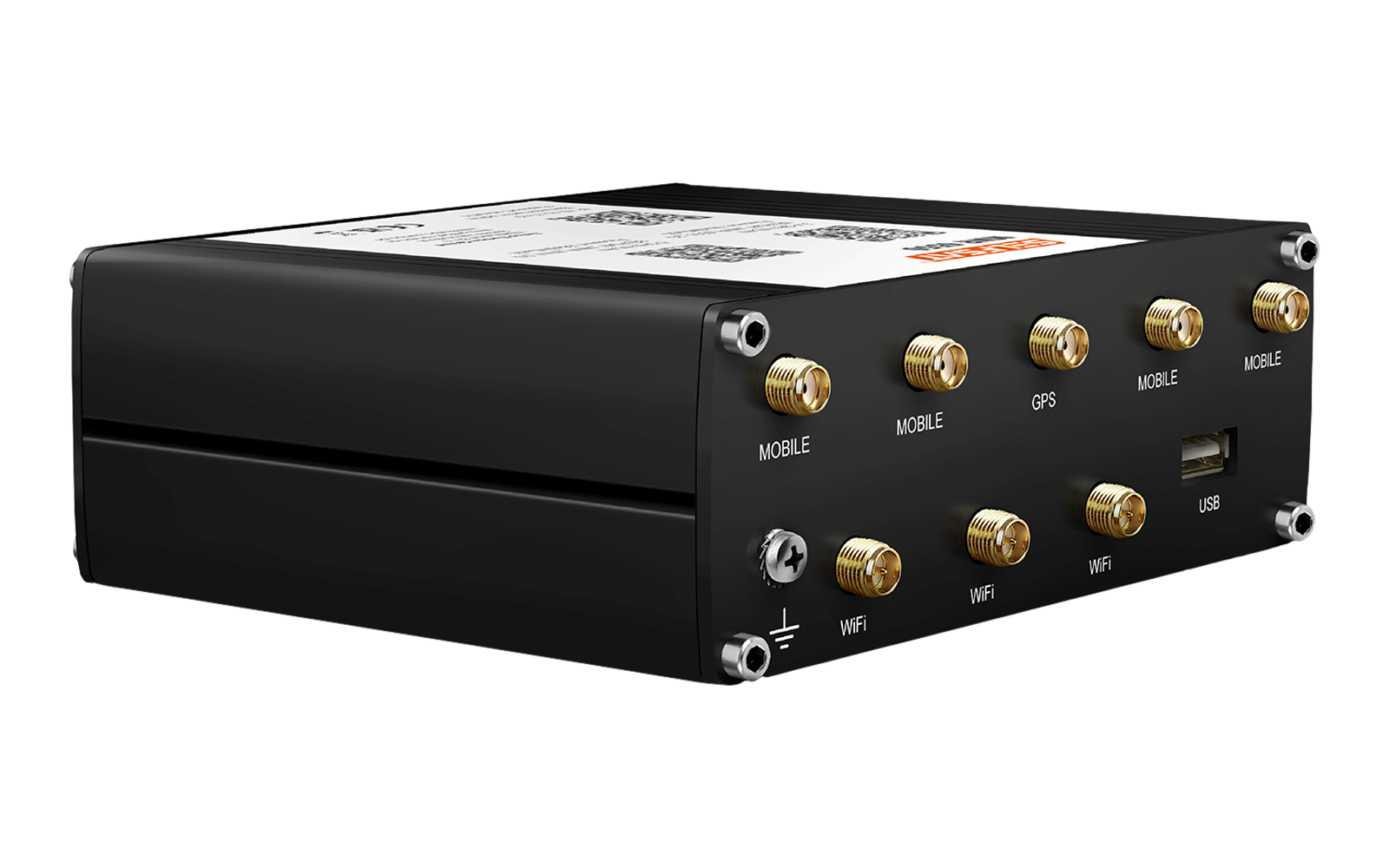 Schwarzes rechteckiges Metallgehäuse, Vorderseite mit mehreren goldfarbenen runden Steckern, USB‑Anschluss, Beschriftungen und Schrauben, weiße Aufkleber oben