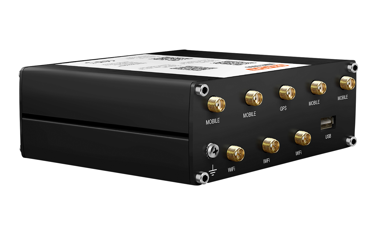 Schwarzes rechteckiges Metallgehäuse, Vorderseite mit mehreren goldfarbenen runden Steckern, USB‑Anschluss, Beschriftungen und Schrauben, weiße Aufkleber oben