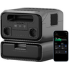 Tragbare Powerstation mit zwei Steckdosen, USB-Anschlüssen und Display, daneben Smartphone mit App-Anzeige