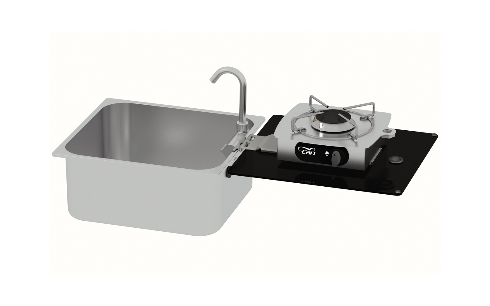 Edelstahlspüle mit gebogenem Wasserhahn neben einem schwarzen Einflamm-Gaskocher mit Metallgitter