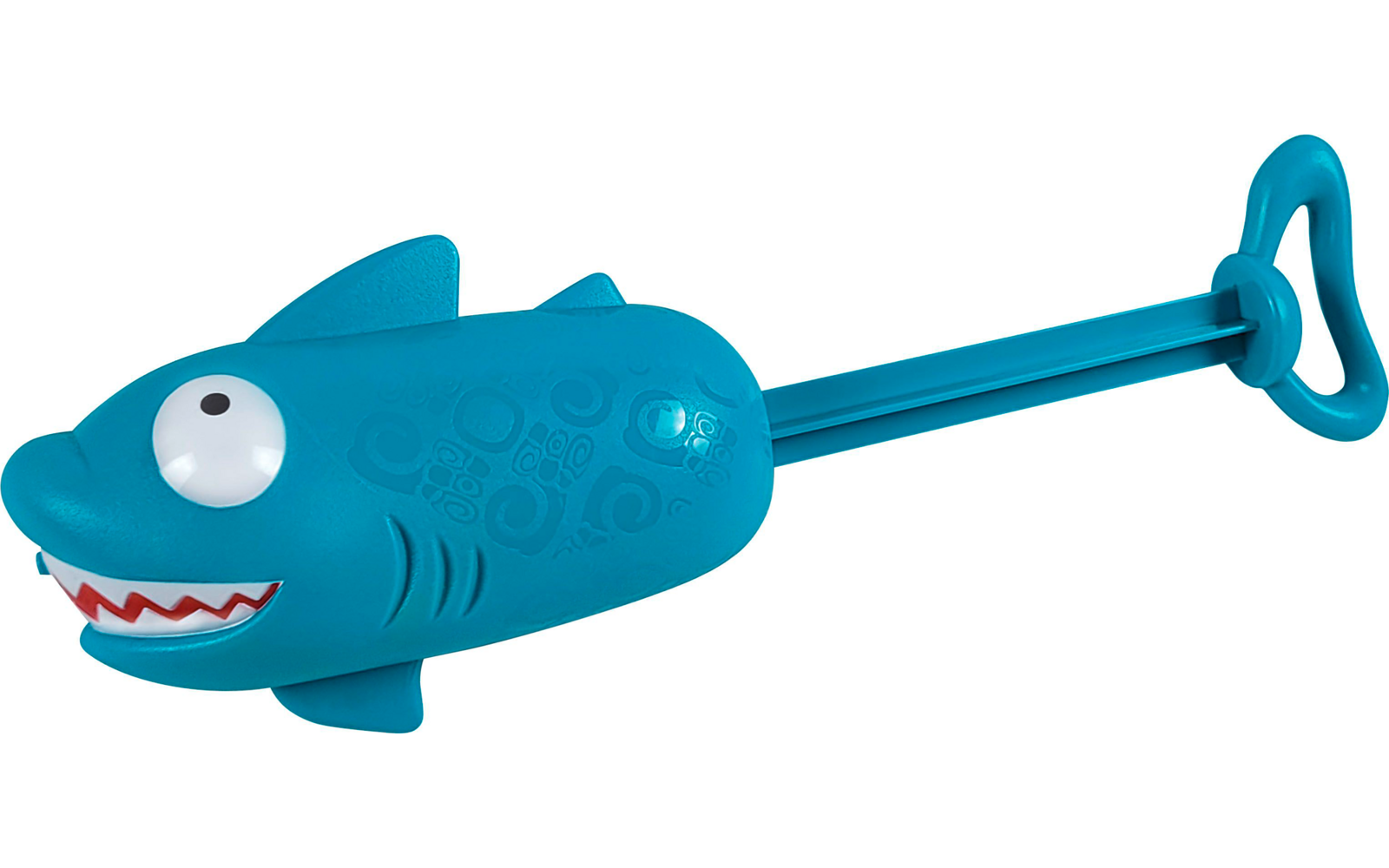 Blaues Kinderspielzeug in Form eines Fisches mit weißem Auge und blauem Griff