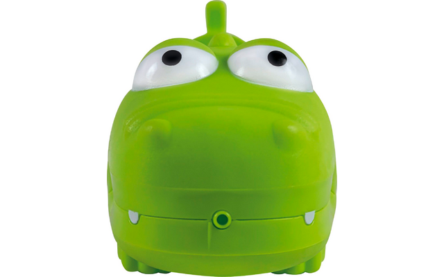 Grüne Spielzeugfigur mit zwei großen Augen und drei Antennen auf dem Kopf