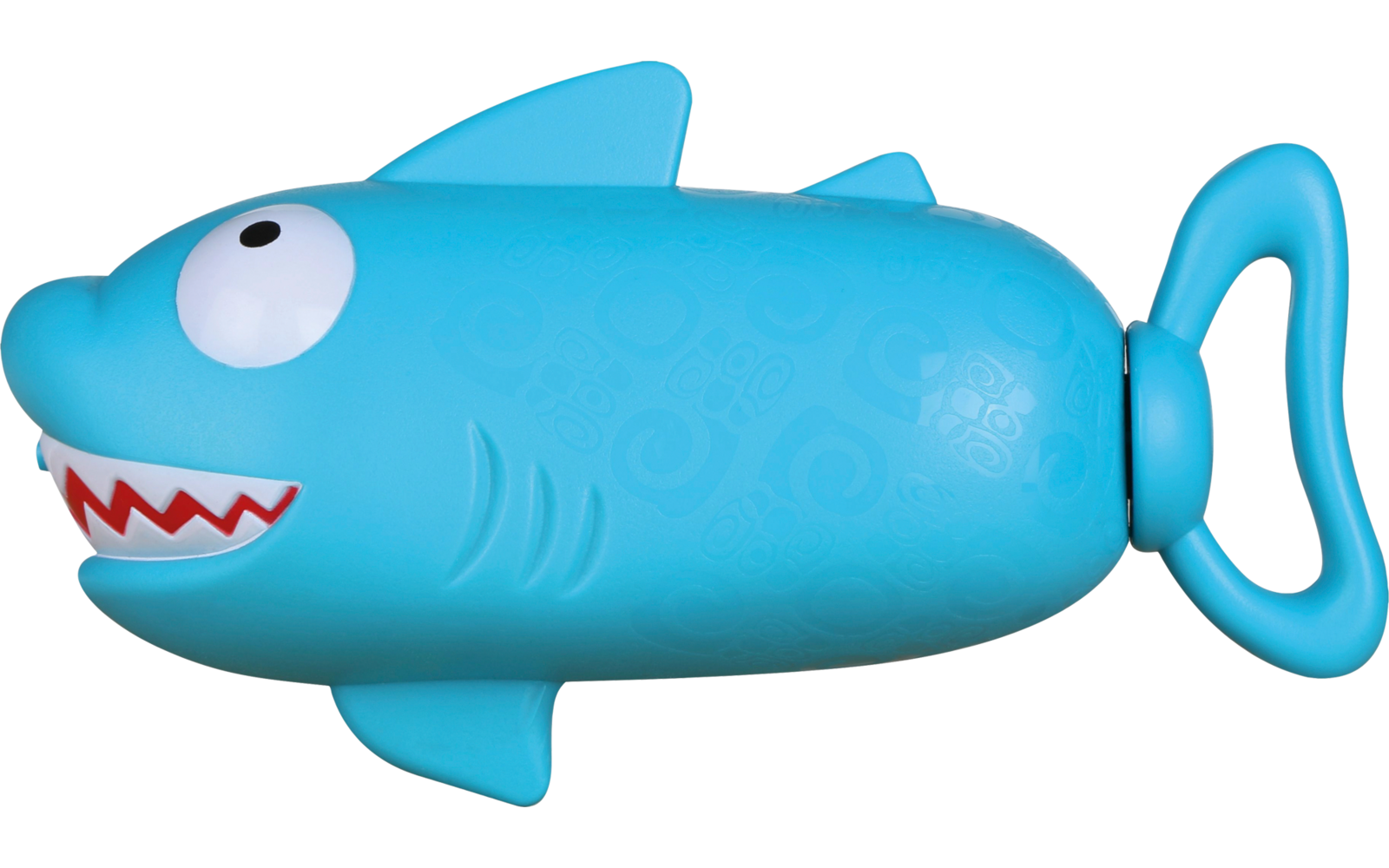 Blauw speelgoed in de vorm van een haai met vinnen en staart