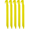 Five identical yellow elongated pieces with pointed ends and hooks at the top, side by side on a white background