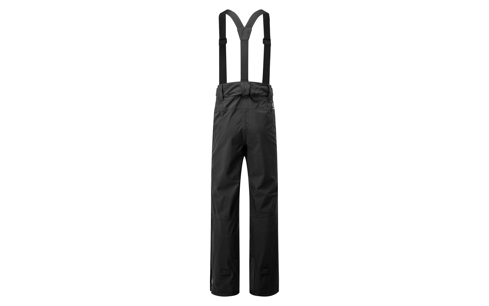 Black ski pants with suspenders on a white background