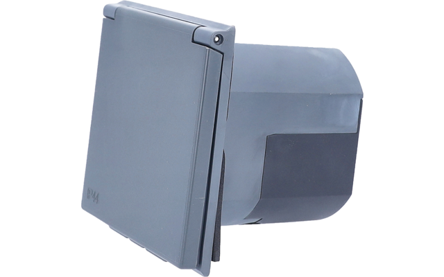 Graues Kunststoffgehäuse mit rechteckiger, nach vorn klappbarer Abdeckung und abgerundetem Rückkasten; kleine Schraube oben rechts sichtbar