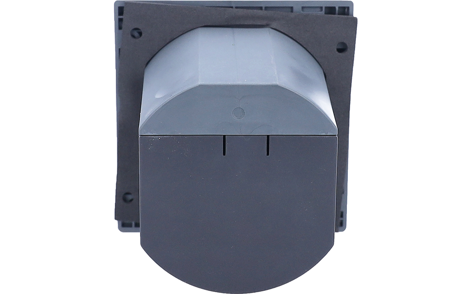 Quadratische dunkelgraue Kunststofffront mit vier Schraubenlöchern in den Ecken; im unteren Bereich ein halbkreisförmiger dunkler Bereich, darüber ein halbtransparenter weißer Diffusor; zwei schmale vertikale Schlitze in der mittleren Naht