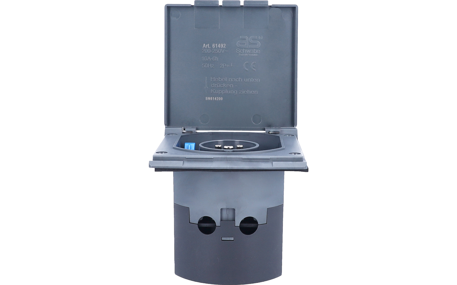 Offener grauer zylindrischer Einbaukasten mit aufgeklapptem Deckel, sichtbarem runden Steckdoseneinsatz mit drei Kontaktöffnungen, kleinem blauen Bauteil innen und zwei runden Öffnungen an der Vorderseite