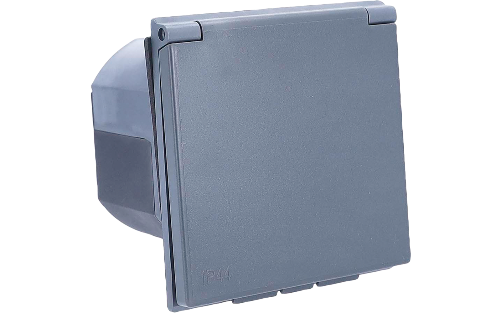 Graue Kunststoff-Steckdose mit geschlossenem Klappdeckel in Gehäuse