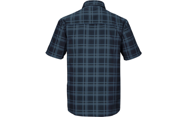 Dunkelblaues kurzärmeliges Hemd mit hellblauem Karomuster, Rückansicht