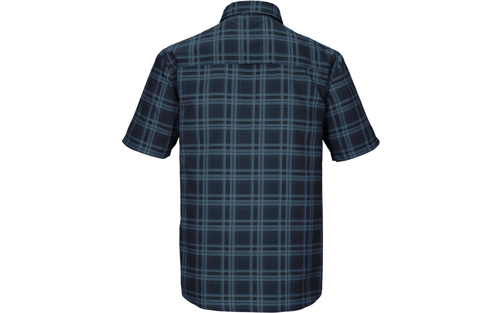 Dunkelblaues kurzärmeliges Hemd mit hellblauem Karomuster, Rückansicht