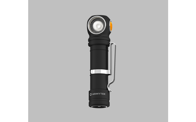 Schwarze Taschenlampe mit silbernem Clip vor weißem Hintergrund