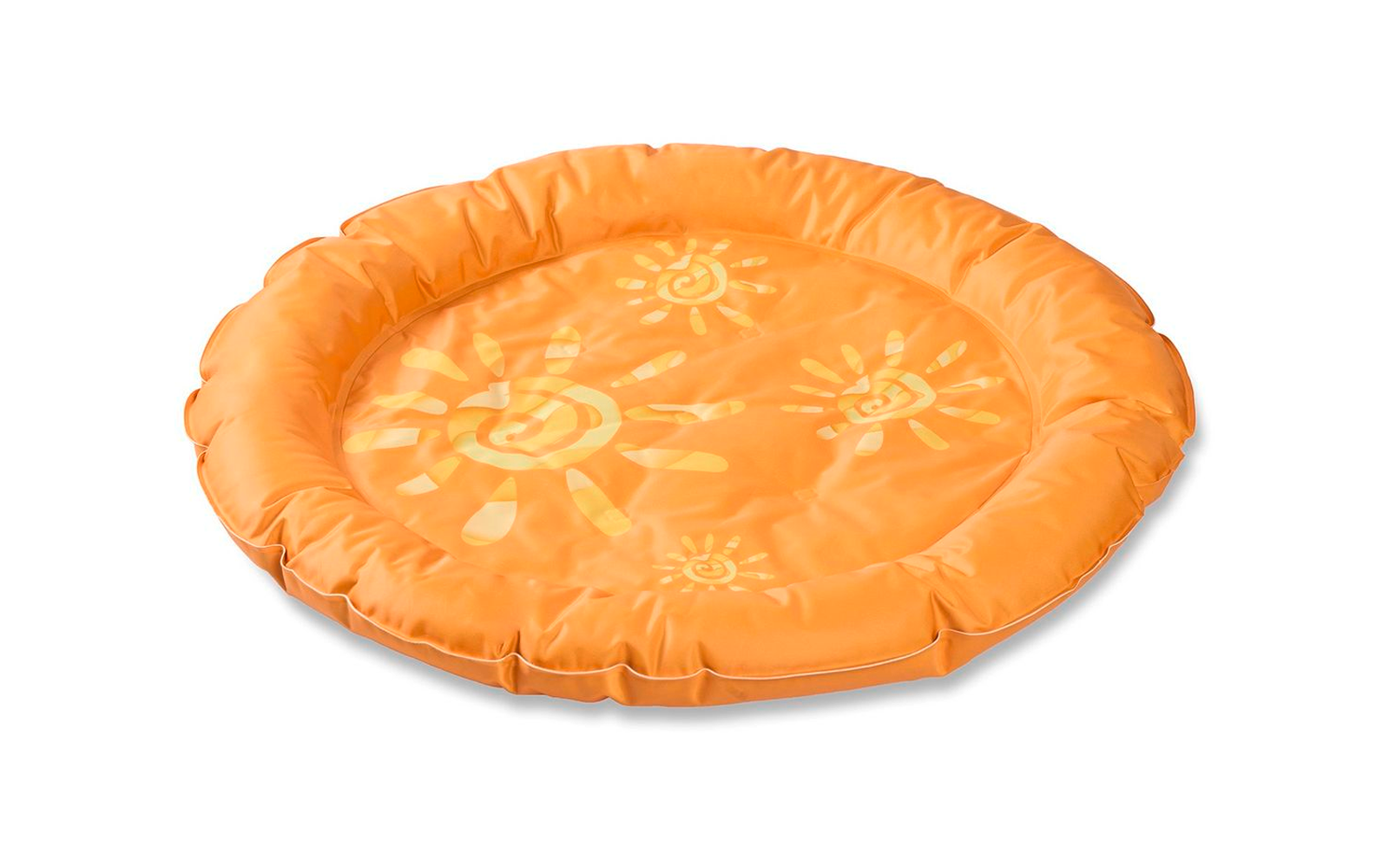 Rundes, orangefarbenes Kissen mit Sonne-Motiven und gepolstertem Rand