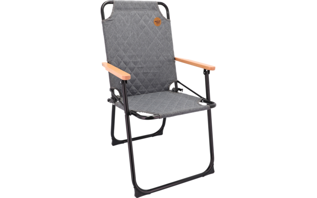 Gray folding chair with metal frame and wooden armrests