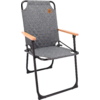 Gray folding chair with metal frame and wooden armrests
