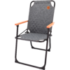Black folding chair with orange armrests on white background