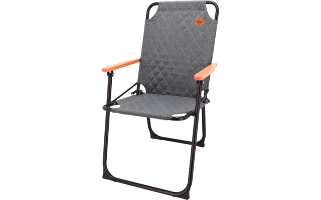 Black folding chair with orange armrests on white background