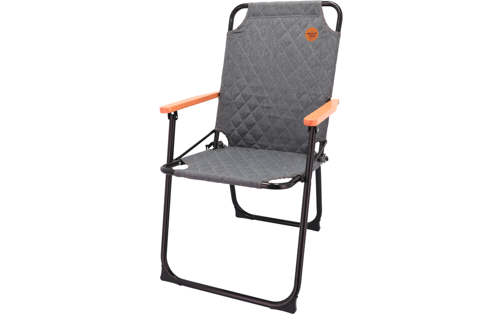 Black folding chair with orange armrests on white background