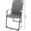 Folding chair with gray padded seat and backrest, black metal frame, and brown armrests