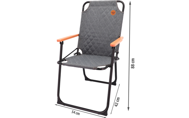 Folding chair with gray padded seat and backrest, black metal frame, and brown armrests