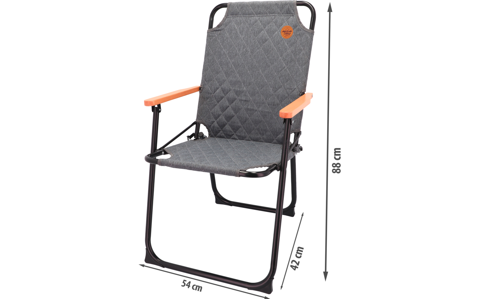 Folding chair with gray padded seat and backrest, black metal frame, and brown armrests