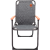Foldable camping chair with gray fabric and orange armrests