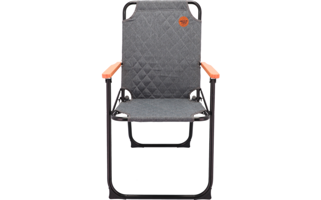 Foldable camping chair with gray fabric and orange armrests