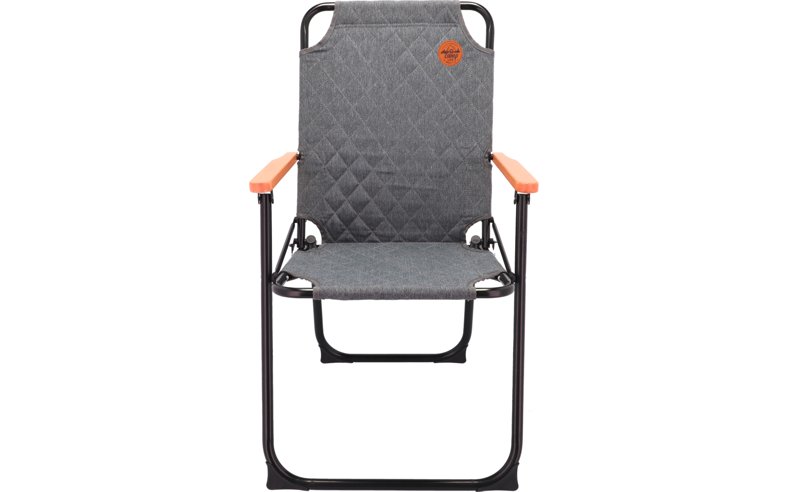 Foldable camping chair with gray fabric and orange armrests
