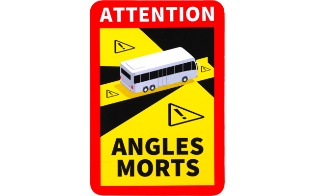 Schild met afgeronde hoeken, rode rand, geel-zwart binnenvlak, witte getekende bus, drie gele driehoekige waarschuwingssymbolen en de teksten 'ATTENTION' (boven) en 'ANGLES MORTS' (onder)