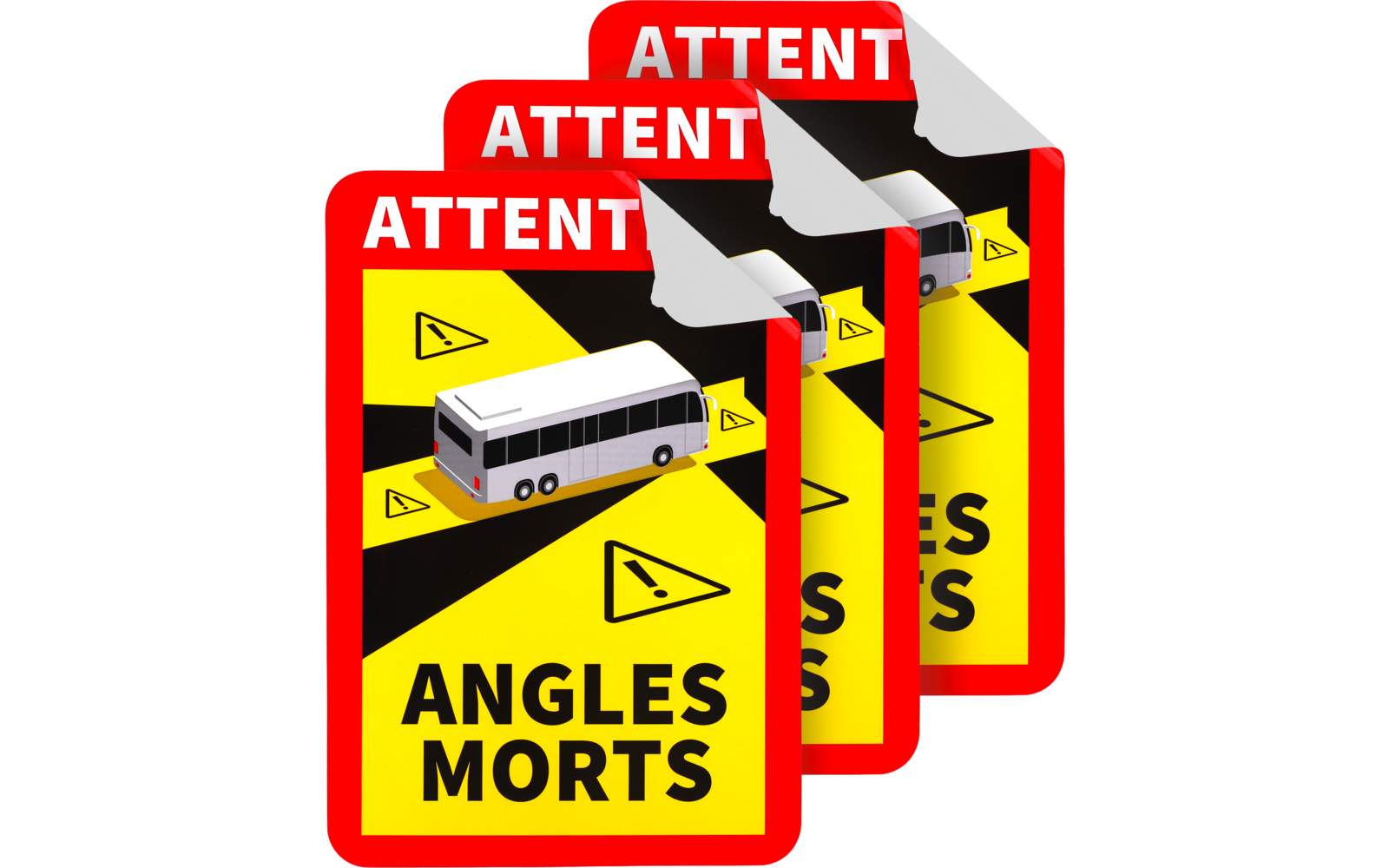 Drie overlappende rode rechthoekige panelen met een geel vlak, zwarte diagonale strepen, een buspictogram, driehoekige symbolen en het woord 'ATTENT' bovenaan en 'ANGLES MORTS' onderaan