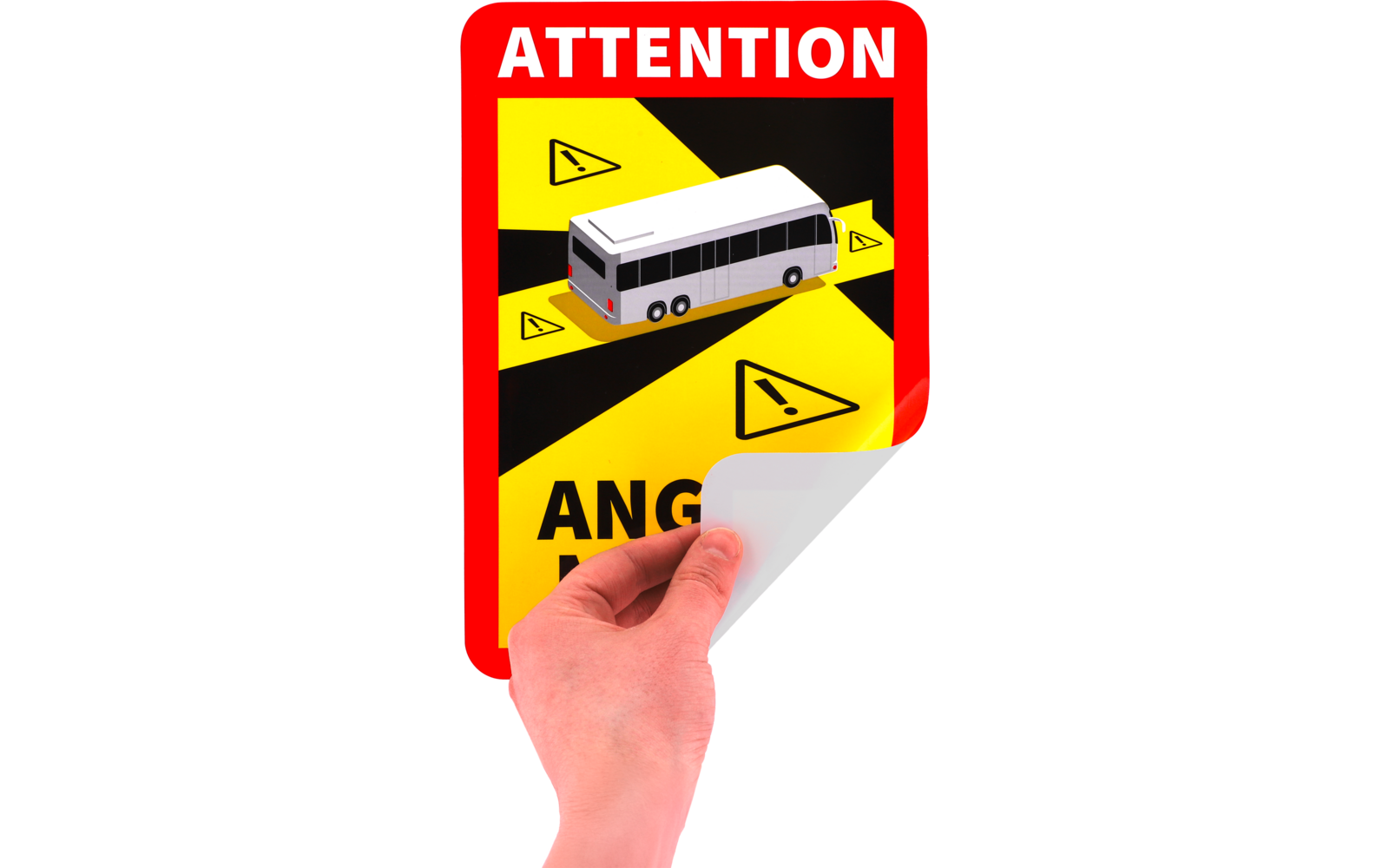 Hand die de hoek van een rode sticker losmaakt; sticker toont een witte bus op geel-zwarte diagonale strepen, meerdere gele driehoeken met uitroeptekens en witte tekst "ATTENTION" bovenaan
