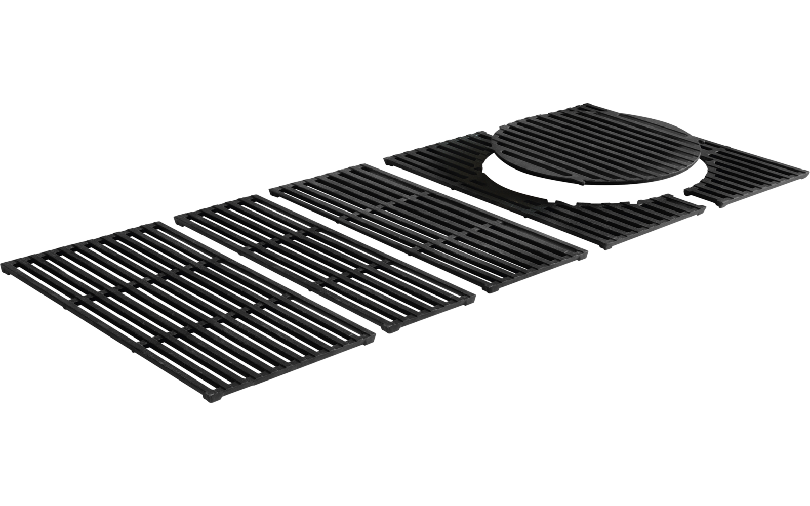 Four elongated ribbed black mats side by side on a white background; a round ribbed black piece rests on the right mat