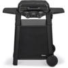 Schwarzer Gasgrill auf Wagen mit zwei Drehknöpfen, klappbaren Seitenablagen und zwei Rädern