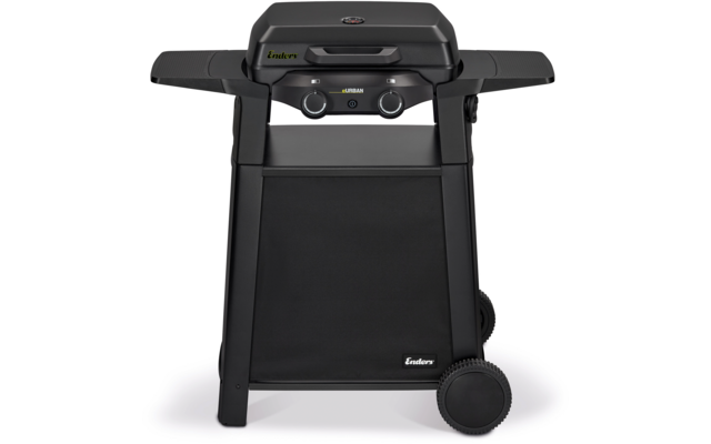Schwarzer Gasgrill auf Wagen mit zwei Drehknöpfen, klappbaren Seitenablagen und zwei Rädern