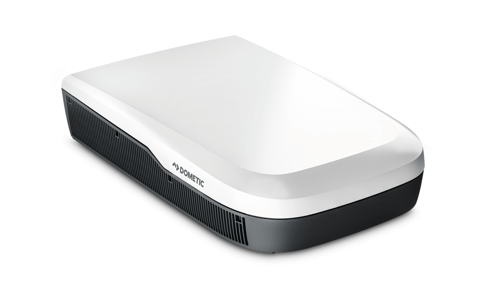 Weißes, flach abgerundetes Gerät auf schwarzem Sockel mit seitlichen Lüftungsschlitzen und Markenaufdruck 'Dometic'