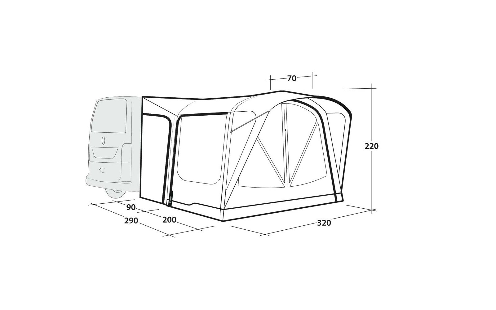 Weißer Transporter links, an dessen Rückseite ein rechteckiges Vorzelt befestigt ist, zwei große Seitenfenster, gebogene Stützbögen und Maßangaben mit den Zahlen '70', '220', '320', '200', '90', '290'