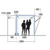 Schematische Zeichnung eines rechteckigen Rahmens mit einer schrägen Erweiterung rechts, drei stilisierten Personen darin und Maßangaben (Zahlen und Pfeile)